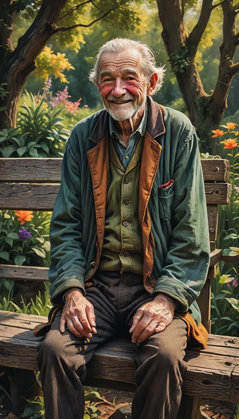 Handsome Old Man Smiling in Garden: Rembrandt Lighting