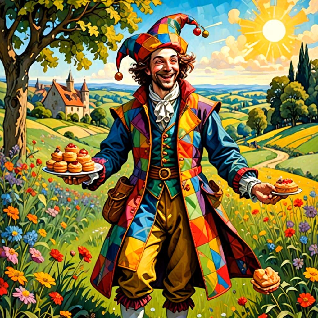 Mischievous Jester Juggling Stolen Pastries in Meadow
