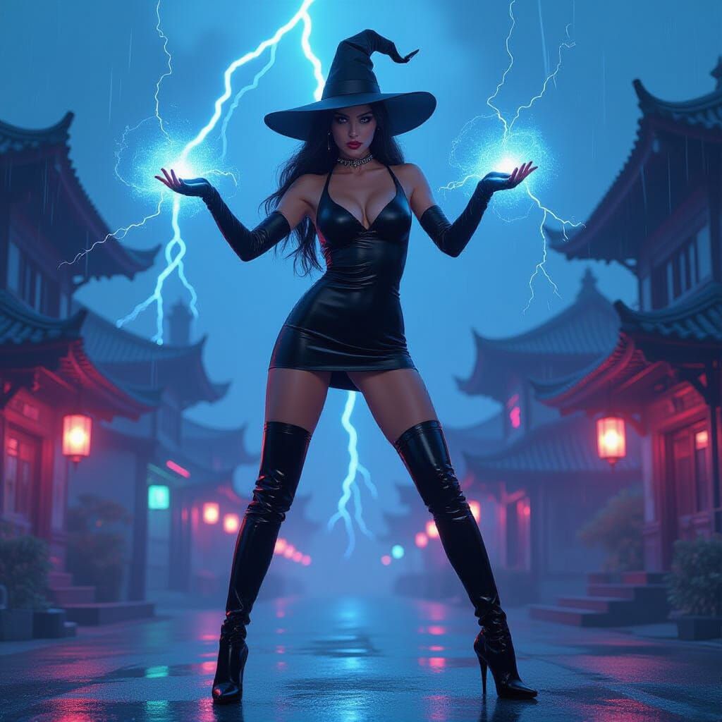 Cyberpunk Witch Casting Storm Spell in Neon City