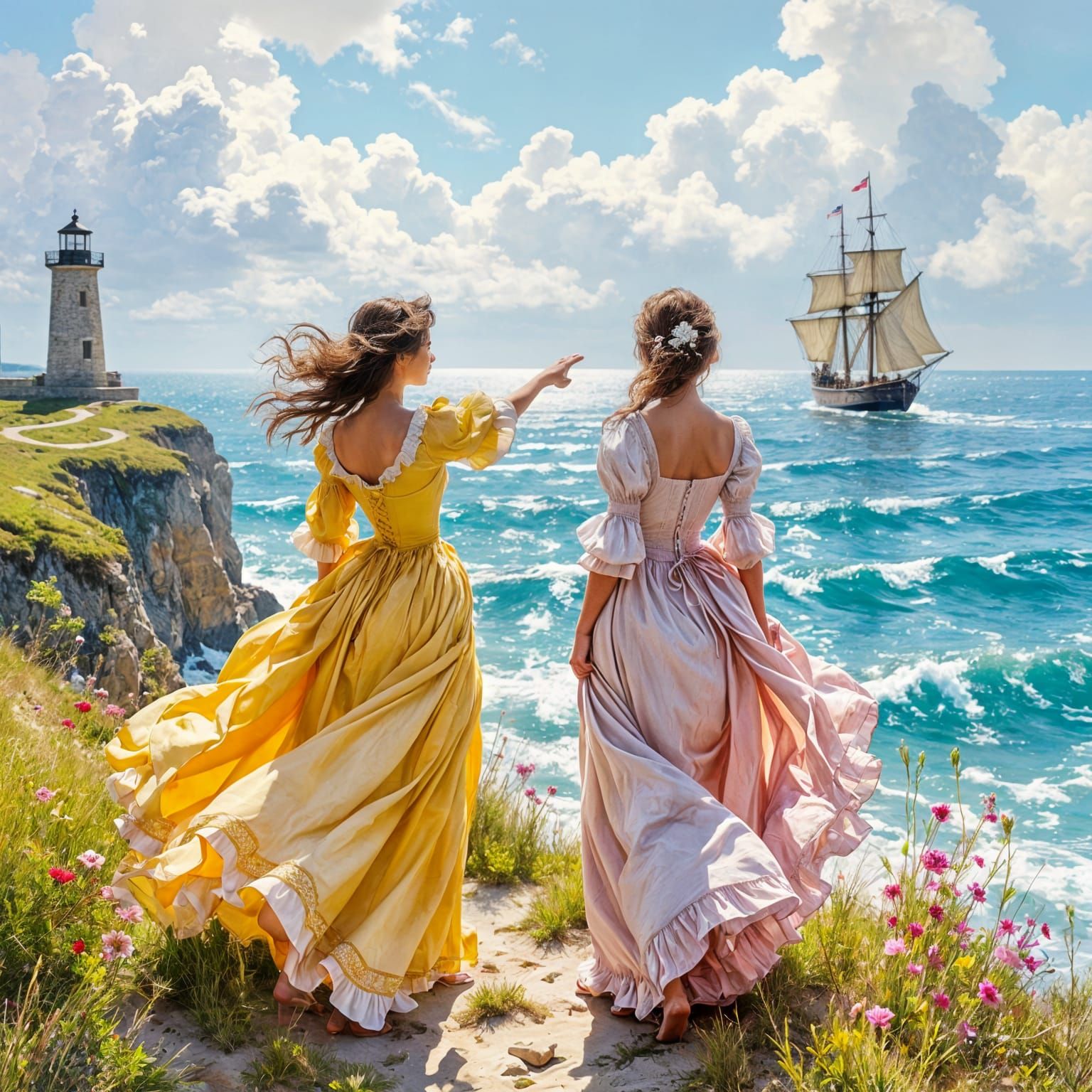 Regency Women Admire Sparkling Sea from Cliff
