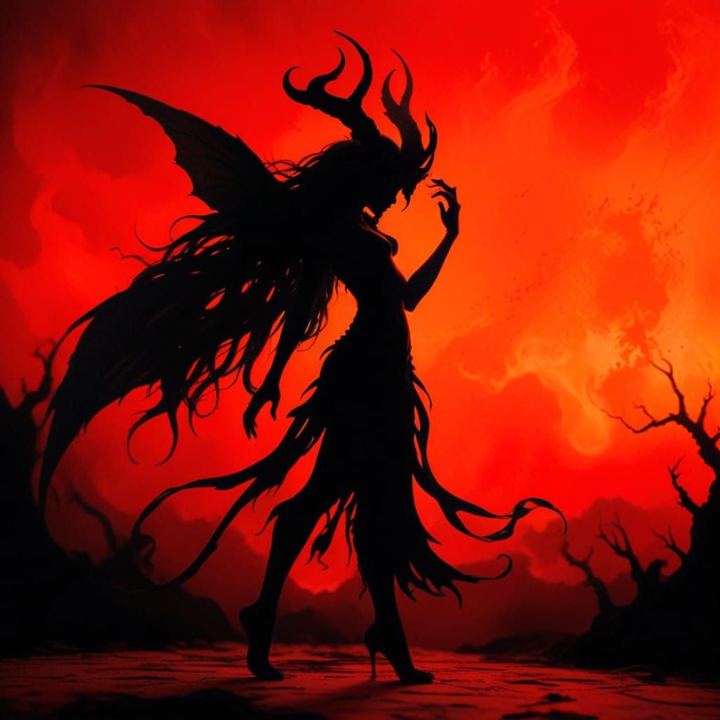 Dark Fairy Silhouette in Burning Red-Orange Background