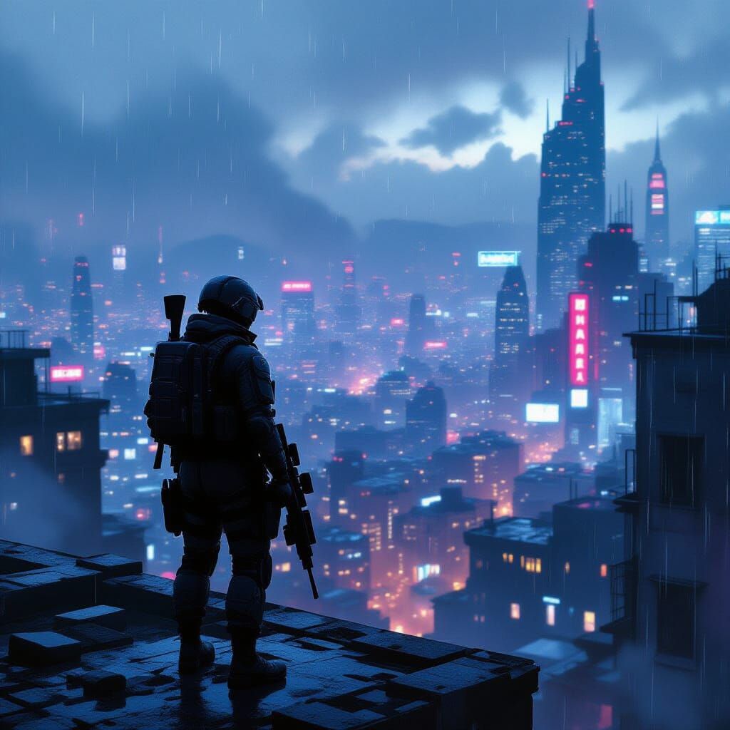 Soldier Overlooks Cyberpunk City at Dusk