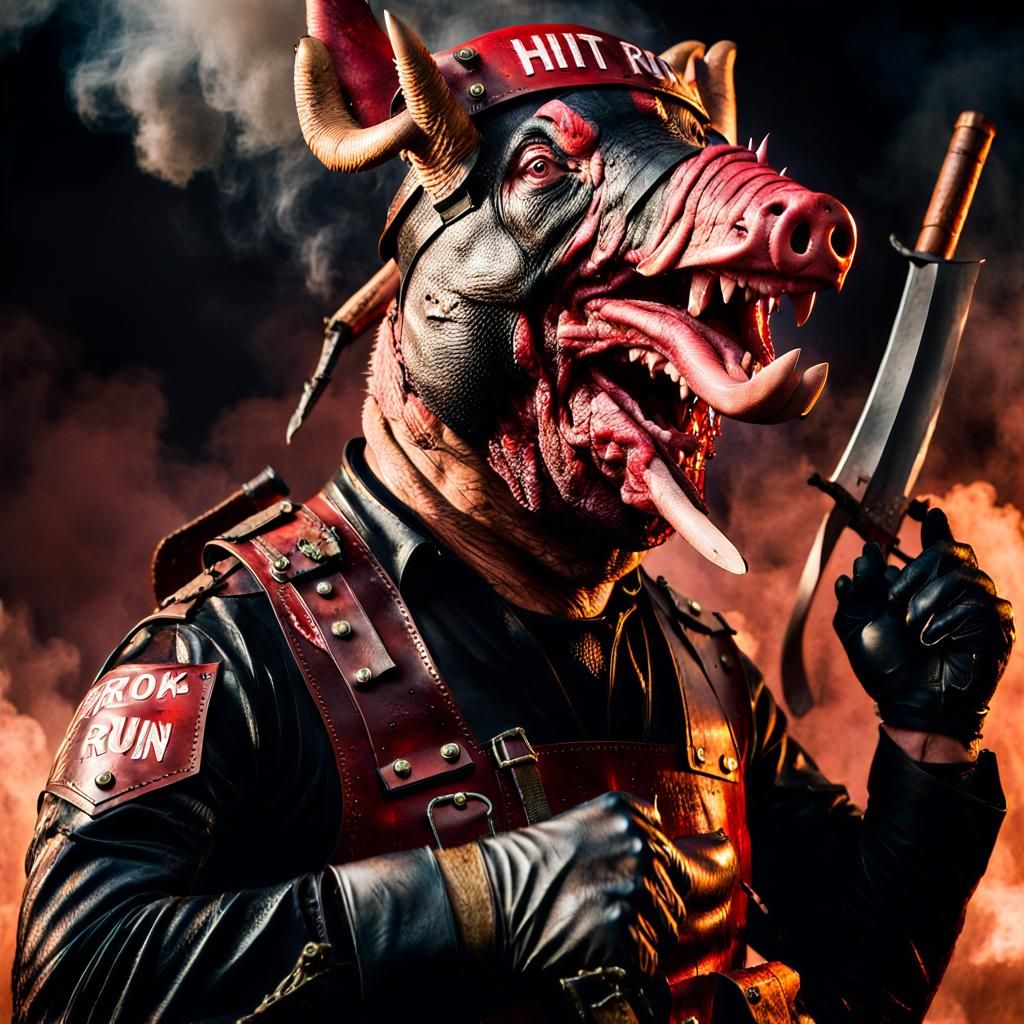 Hyperrealistic Pig in Tattered Uniform Charging into Battle