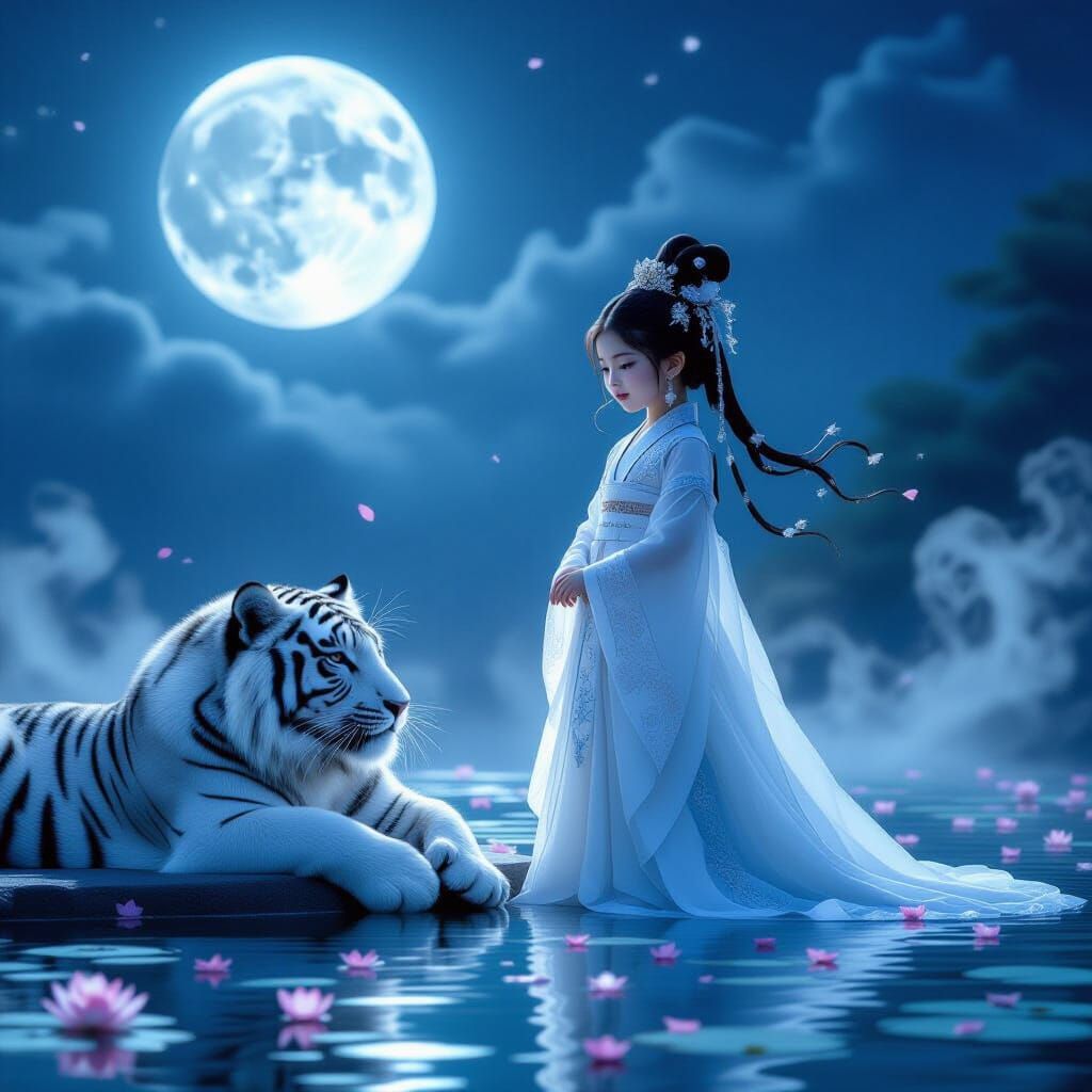 Moonlit Princess with White Tiger in Lotus Pond