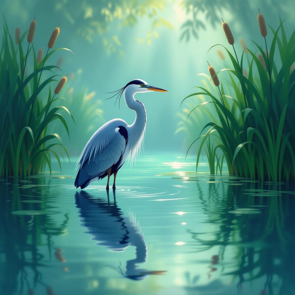 Heron's Reflection in Tranquil Pond, Storybook Illustration