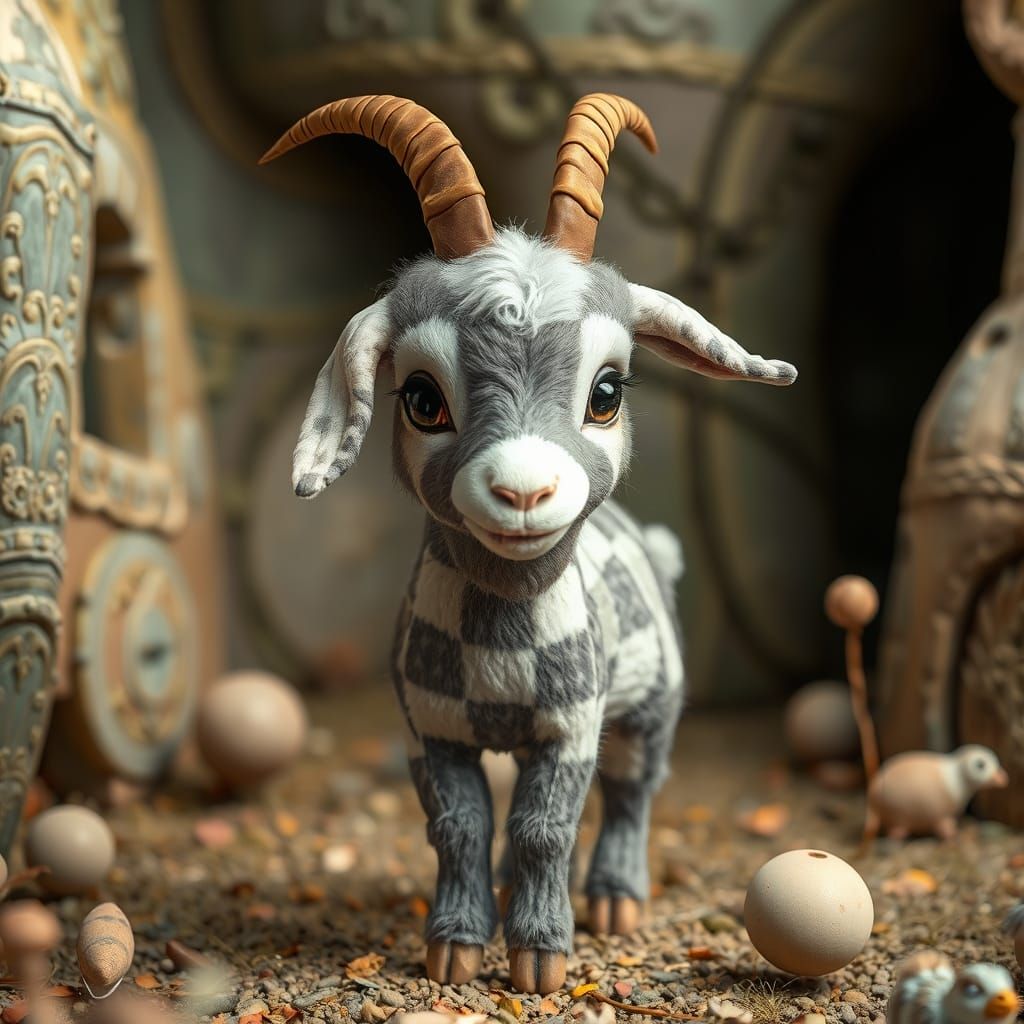Whimsical Patchwork Goat in Enchanted Landscape