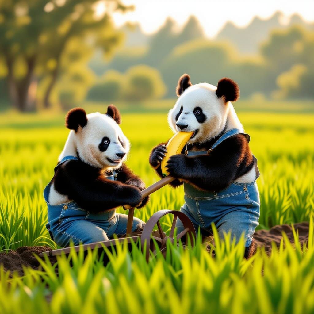 Joyful Panda Tilling Field with Banana in Storybook Style