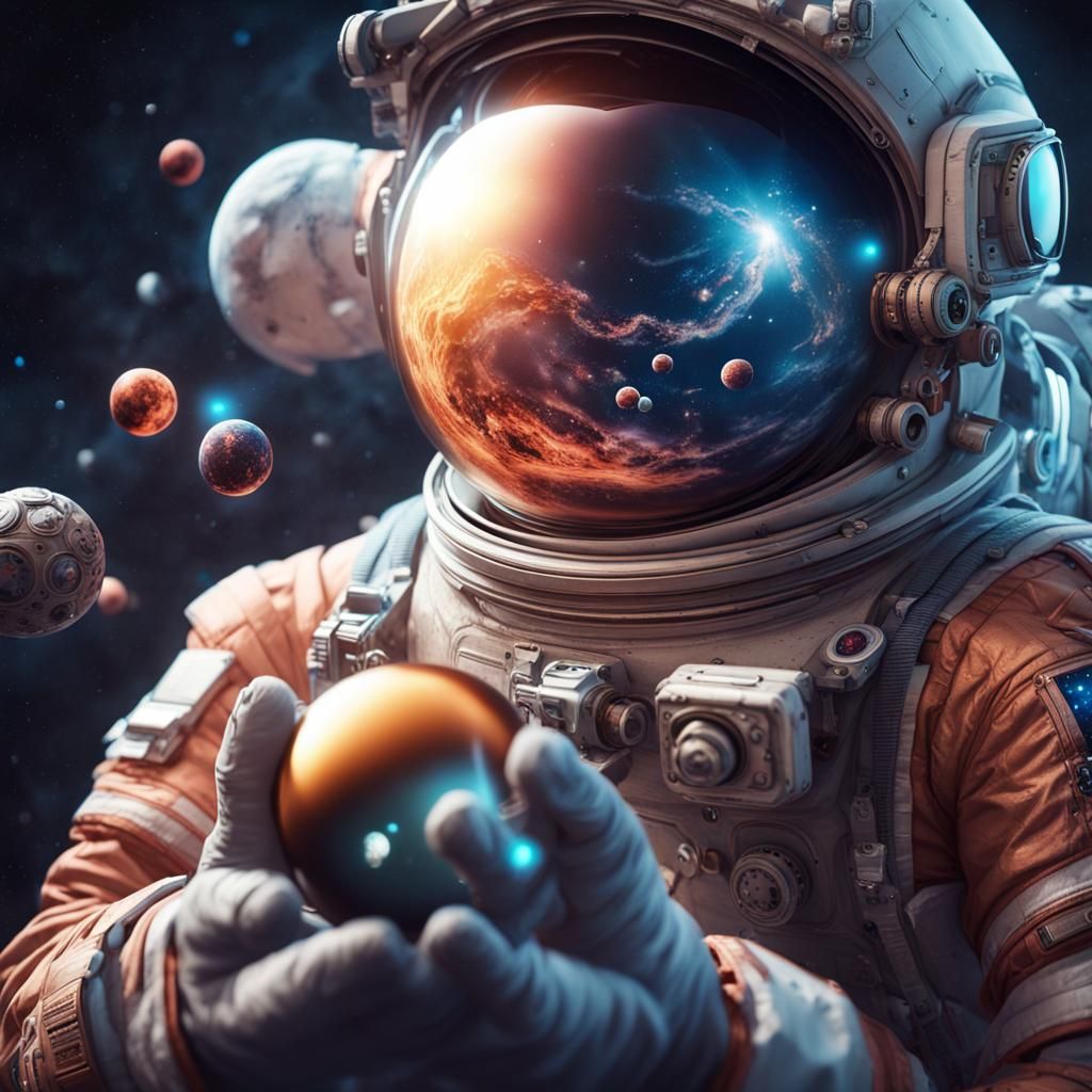 Astronaut Holding Tiny Planets: Detailed Matte Painting