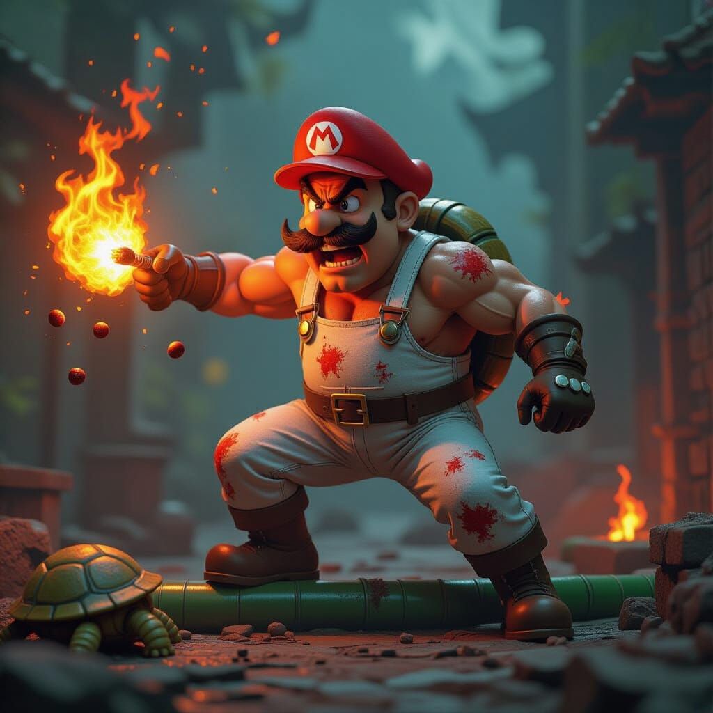 Fiery Super Mario in Dark Fantasy Renaissance Style