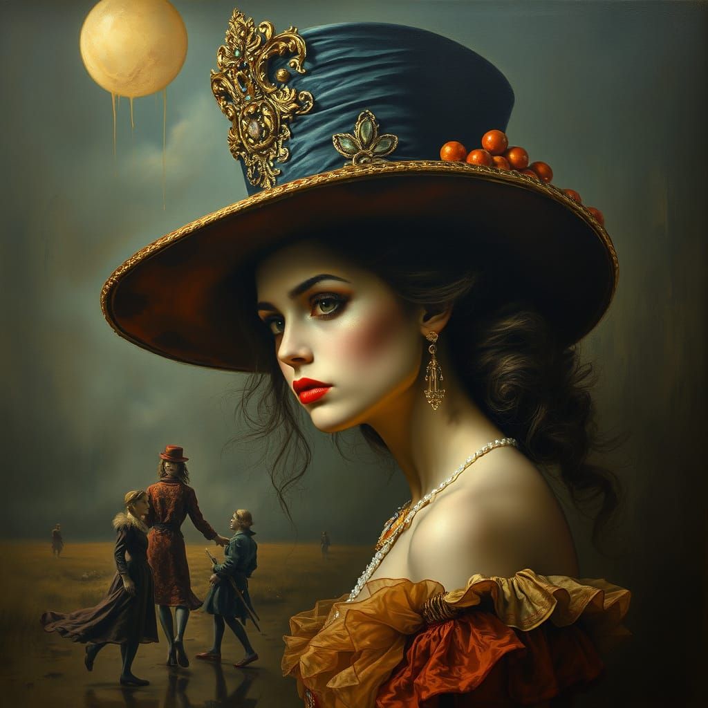 Surreal Woman in Ornate Hat, Dali-esque Style