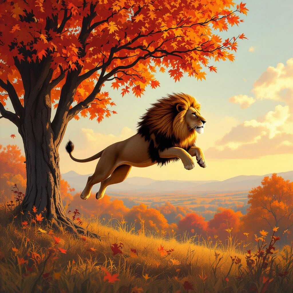 Majestic Lion Leaping Over Autumn Tree
