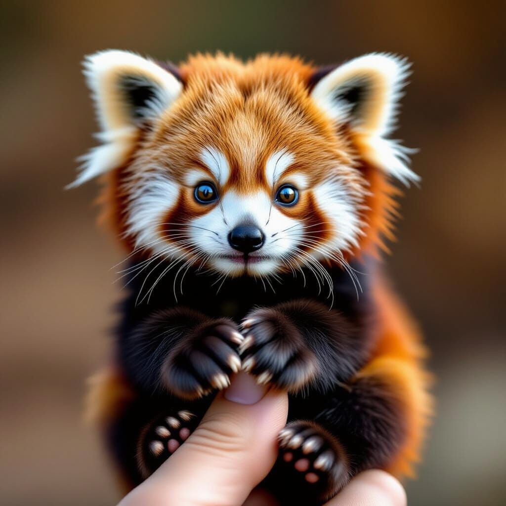 Adorable Baby Red Panda Sits on Finger