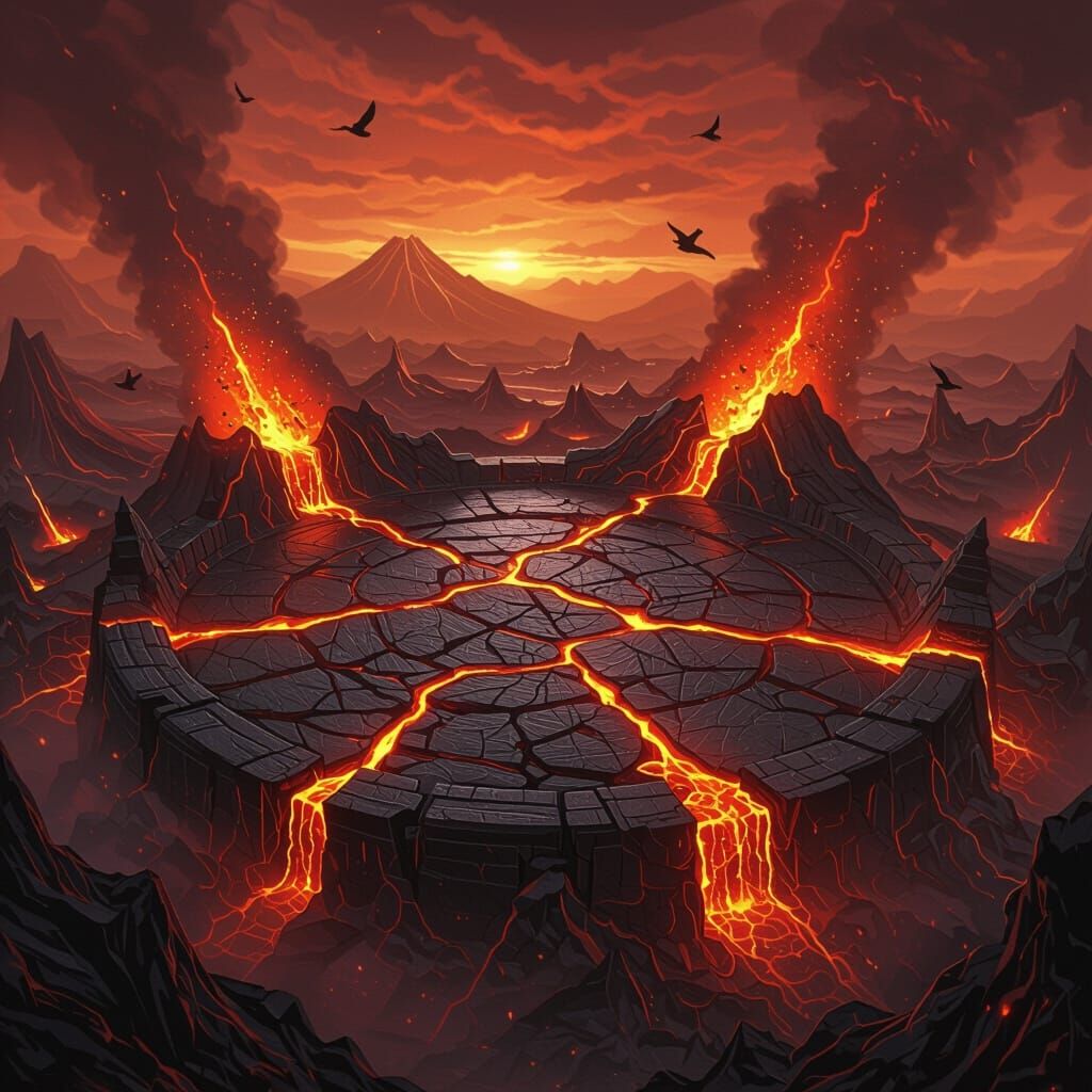 Volcanic Battle Arena From Above in Epic Fantasy Style