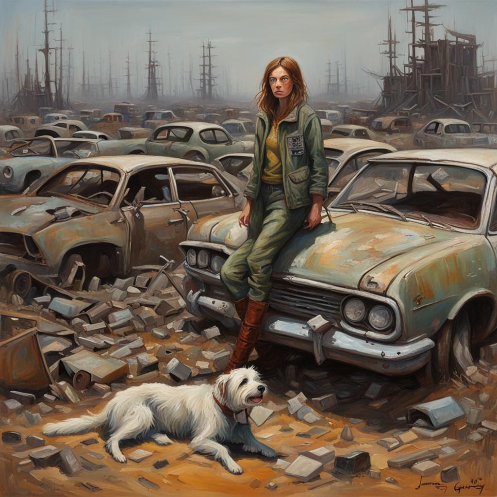 Girl and Dog Scavenge Post-Apocalyptic Car Graveyard