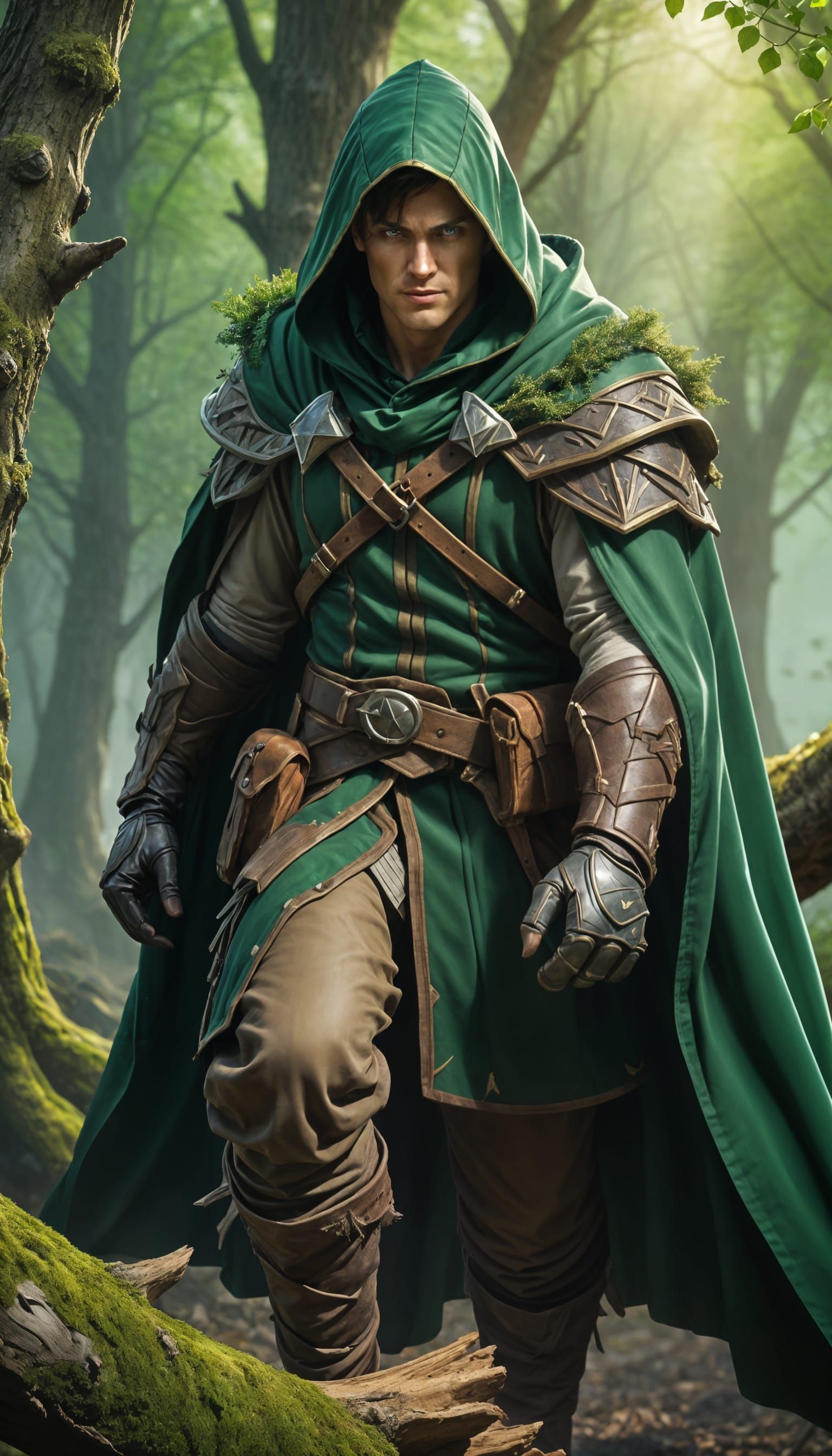 Medieval Ranger in Enchanted Forest, Hyperrealistic Warcraft...