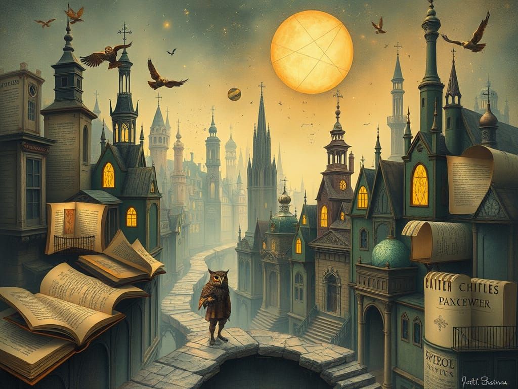Surreal Book Cityscape with Owl Figure