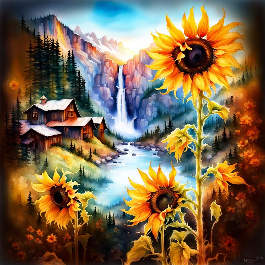 Watercolor Sunflower Double Exposure in Mountain Landscape