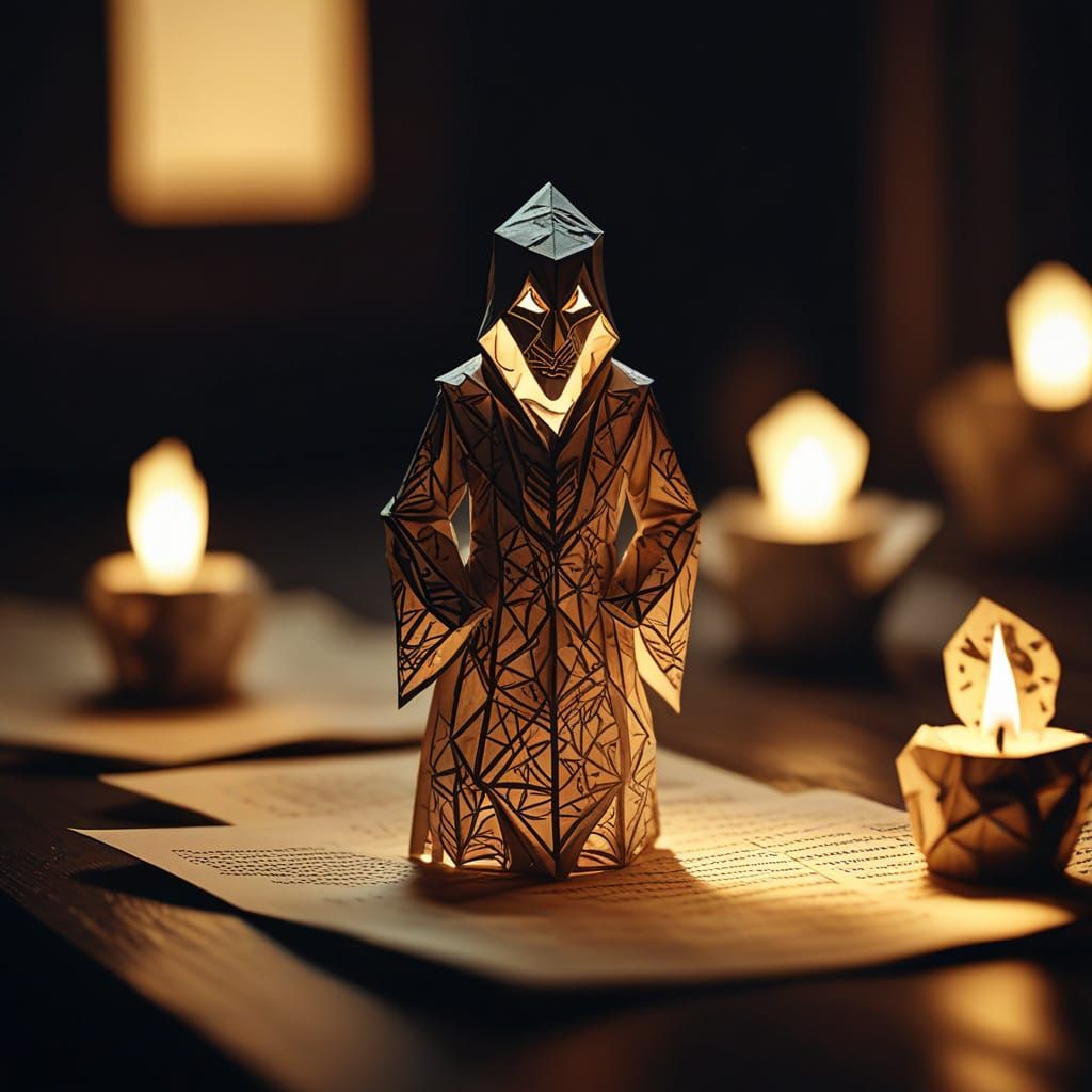 Eerie Origami Figure in Flickering Candlelight