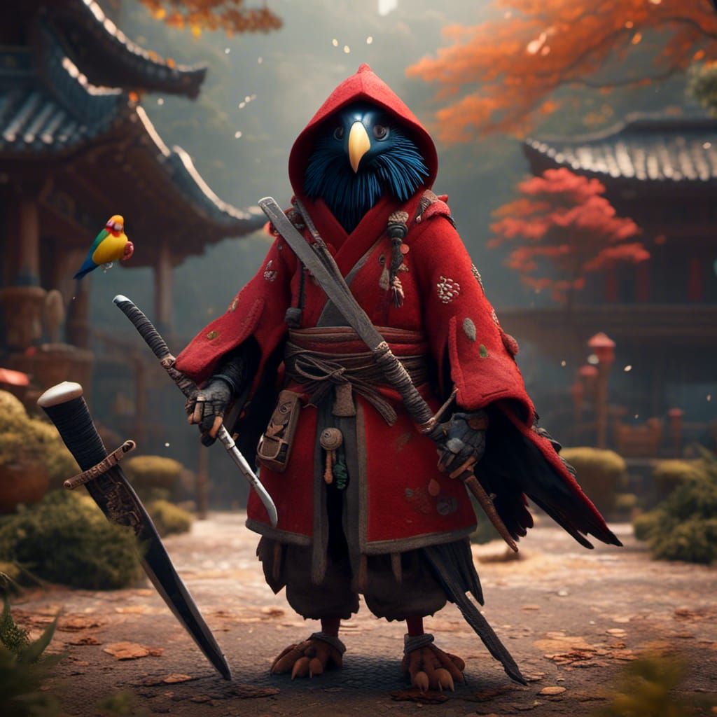 Kenku Bard in Red Fur Coat, Digital Art