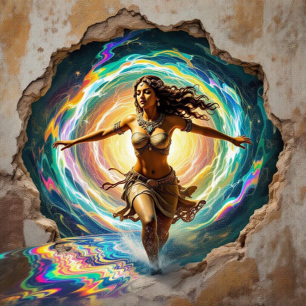 Gilded Statue Speeding Through Light Vortexes