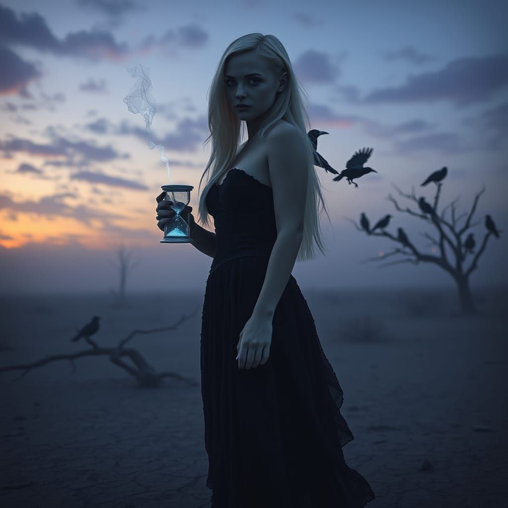 Surreal Portrait: Mysterious Woman in Wasteland at Twilight