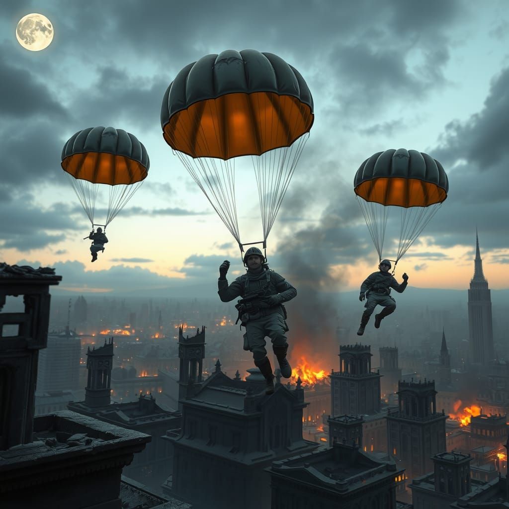 WWII Paratroopers Descend on Burning Cityscape