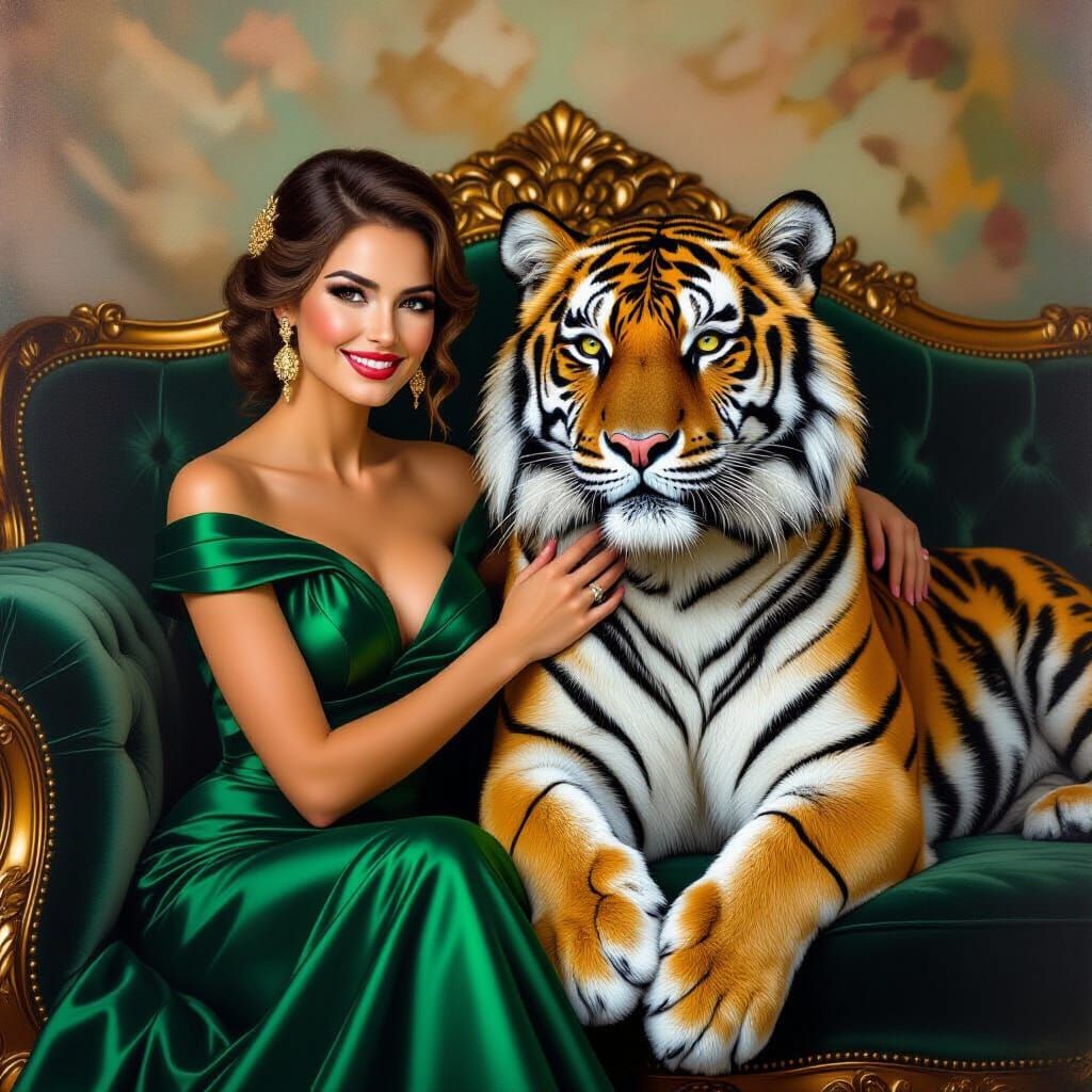 Emerald Queen and Tiger on Velvet Sofa