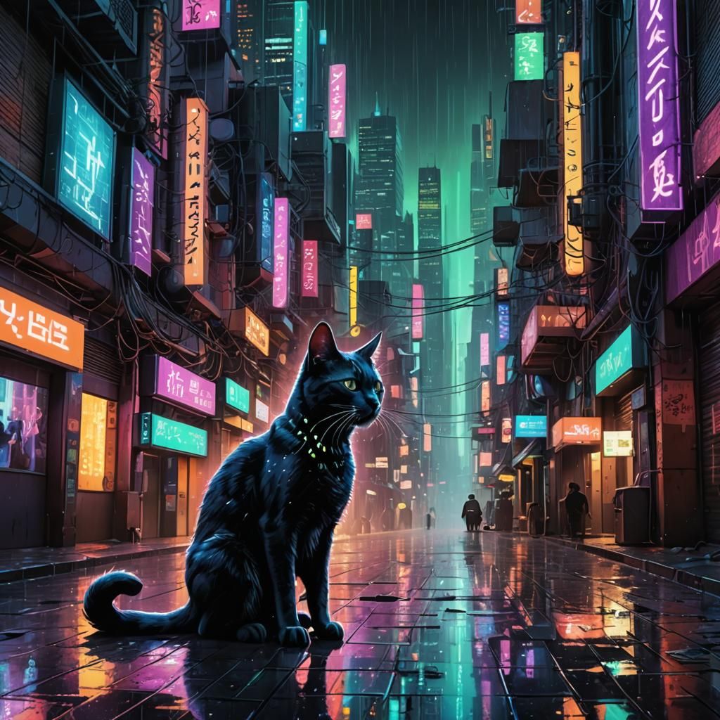 Cyberpunk Cityscape with Binary Cat in Neon Rain