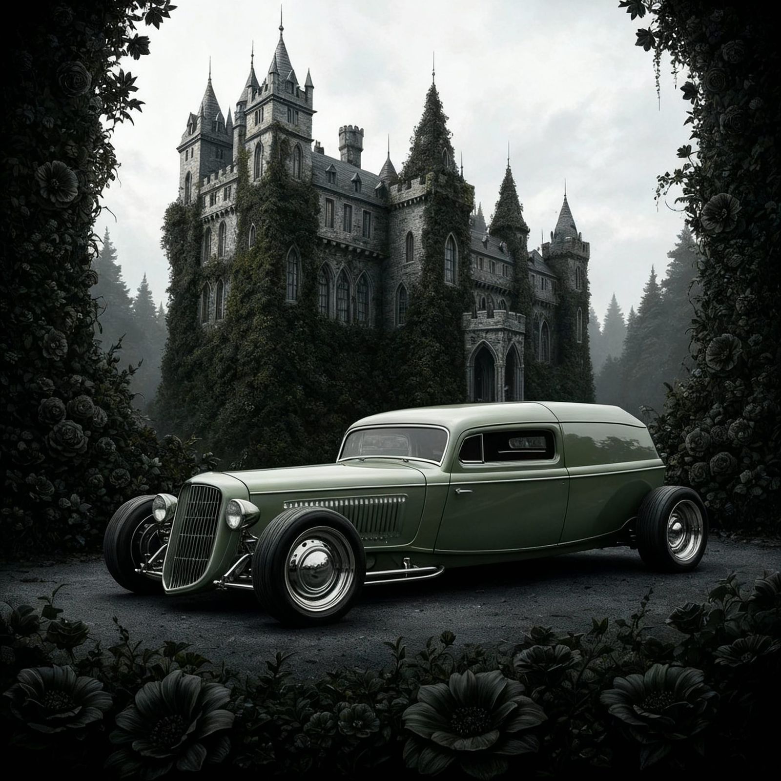 Gothic Castle Hot Rod Car in Impressionist Style