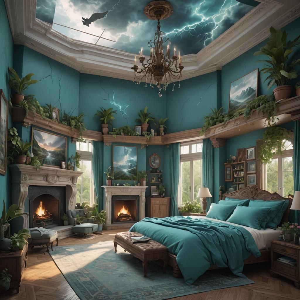 Lavish Bedroom with Thunderstorm, Fantasy Concept Art