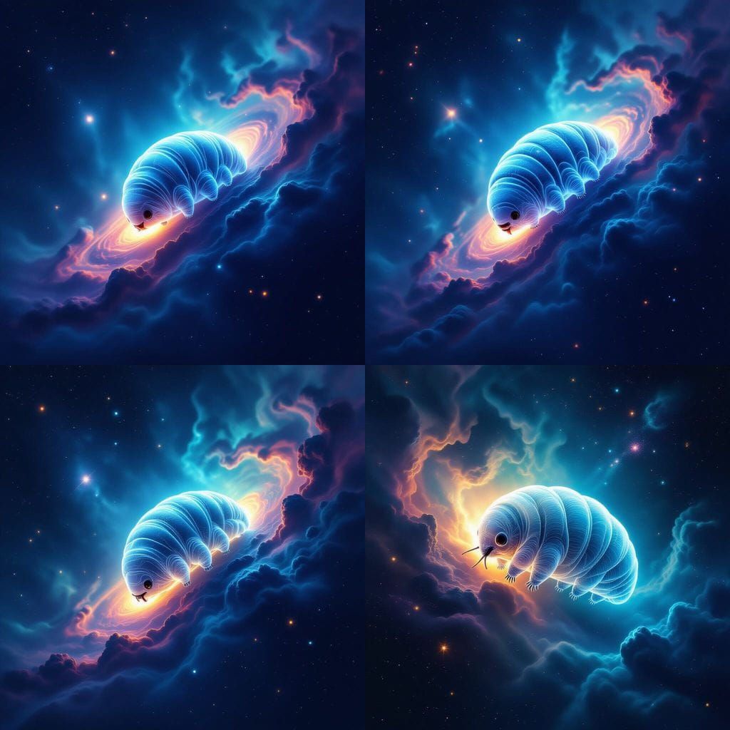 Bioluminescent Tardigrade Drifting Through Nebula