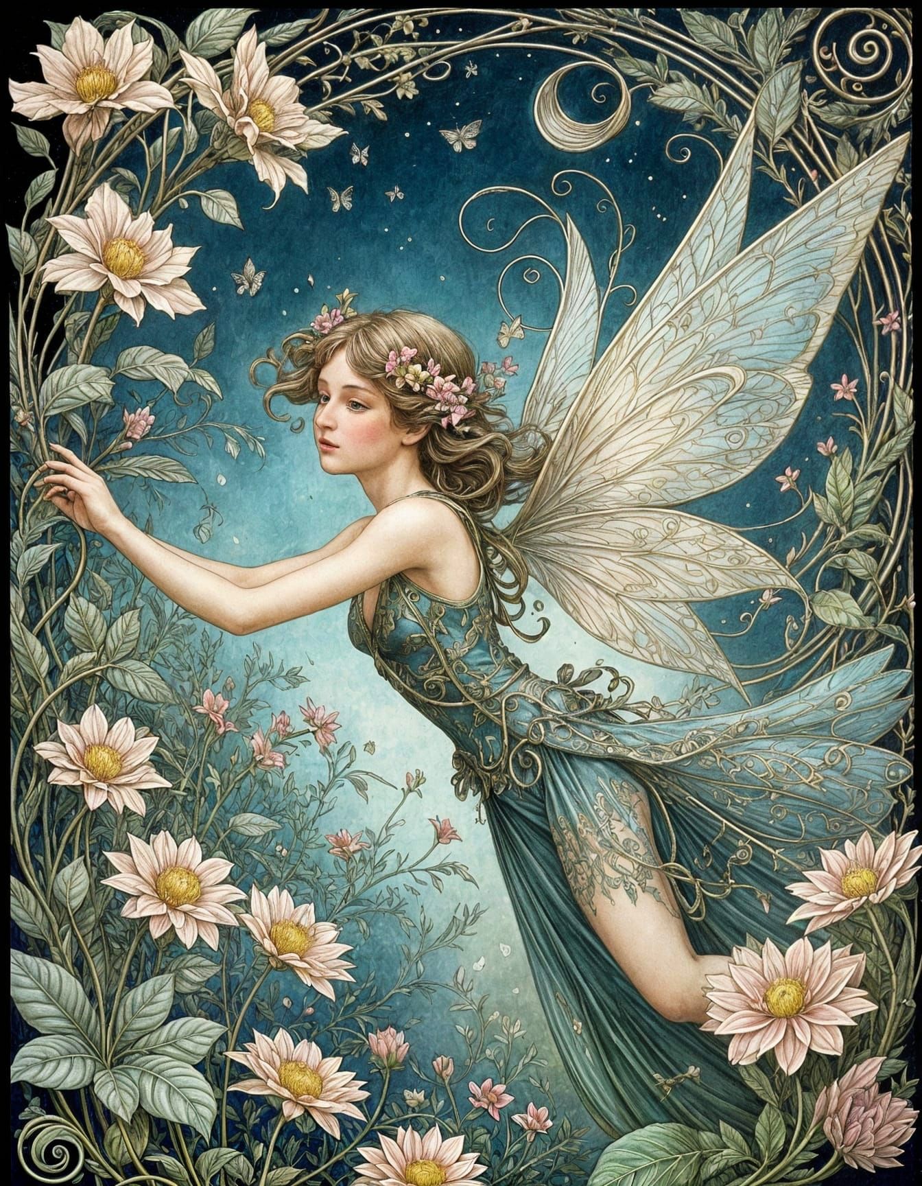Art Nouveau Fairy in a Garden Illustration