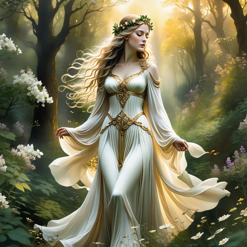 Celtic Goddess Aine in Lush Forest Illustration