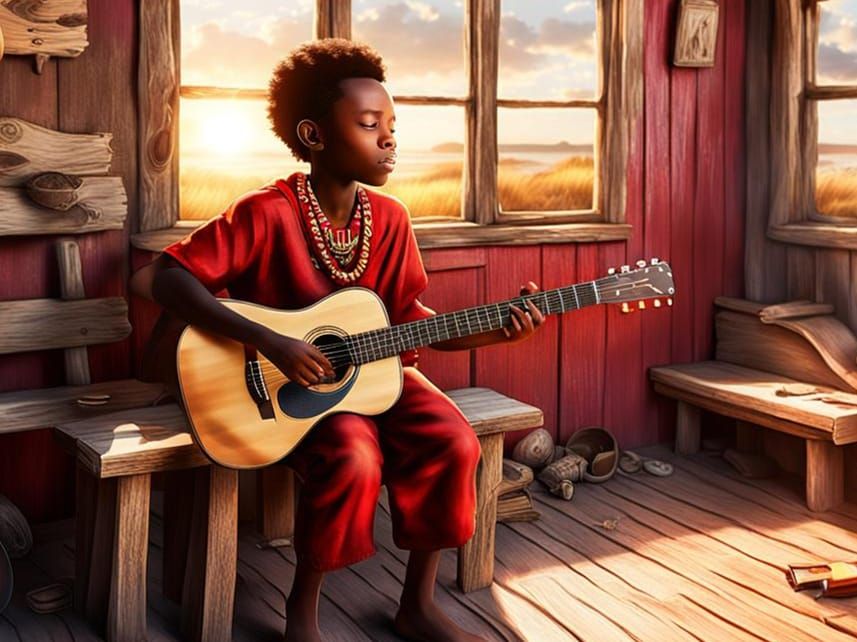 Coastal Shack Tavern: Digital Art of Boy Playing Guitar