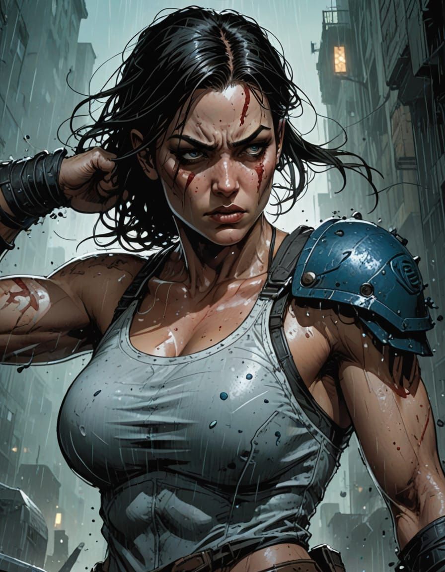 Tough Female Warrior in a Dark, Cinematic Comic Style