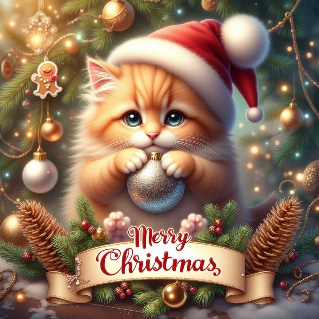 Fluffy Kitten Christmas Card Art