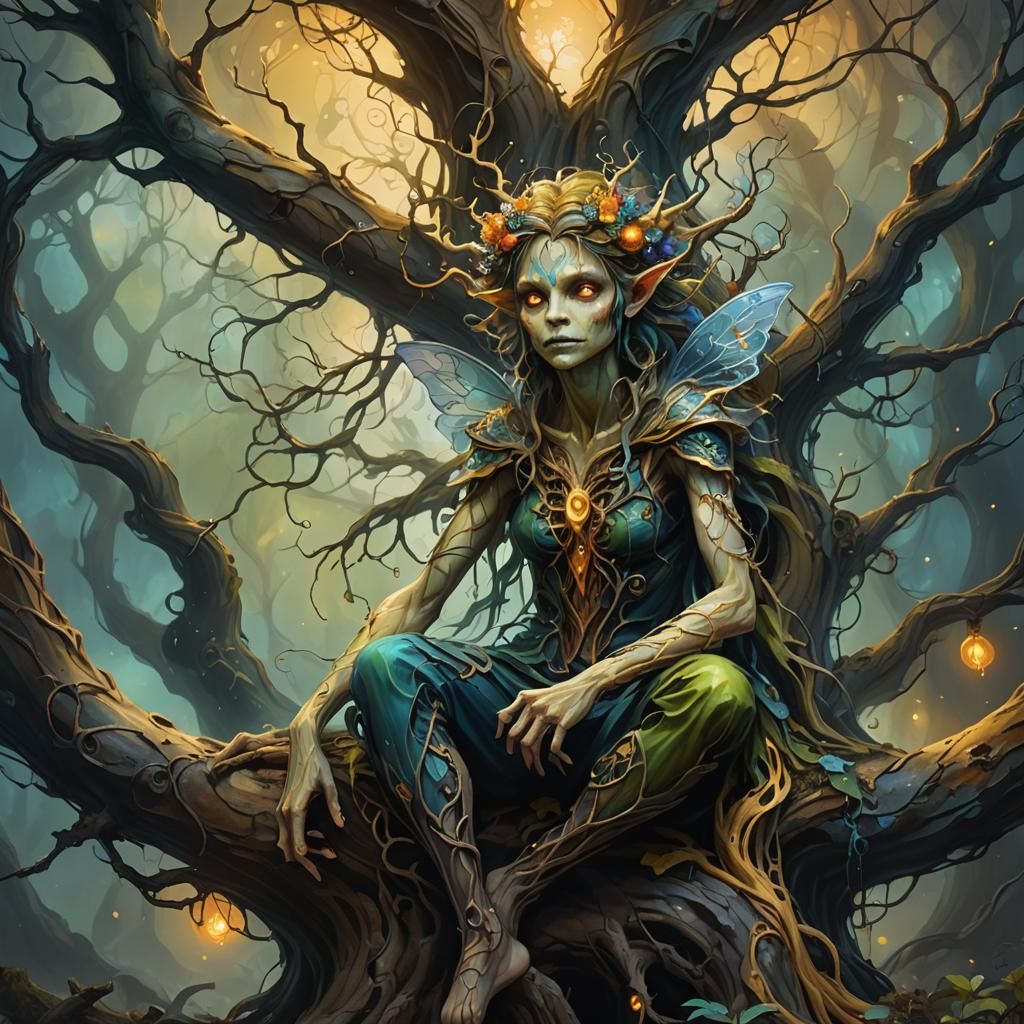 Spooky Fairy in Twisted Tree: Oil Painting