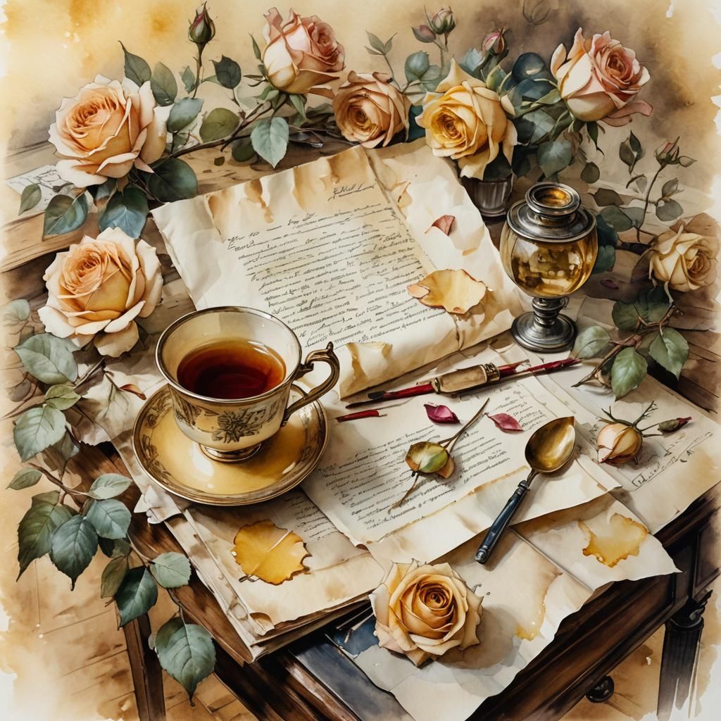 Victorian Desk with Parchment in Watercolor and Ink