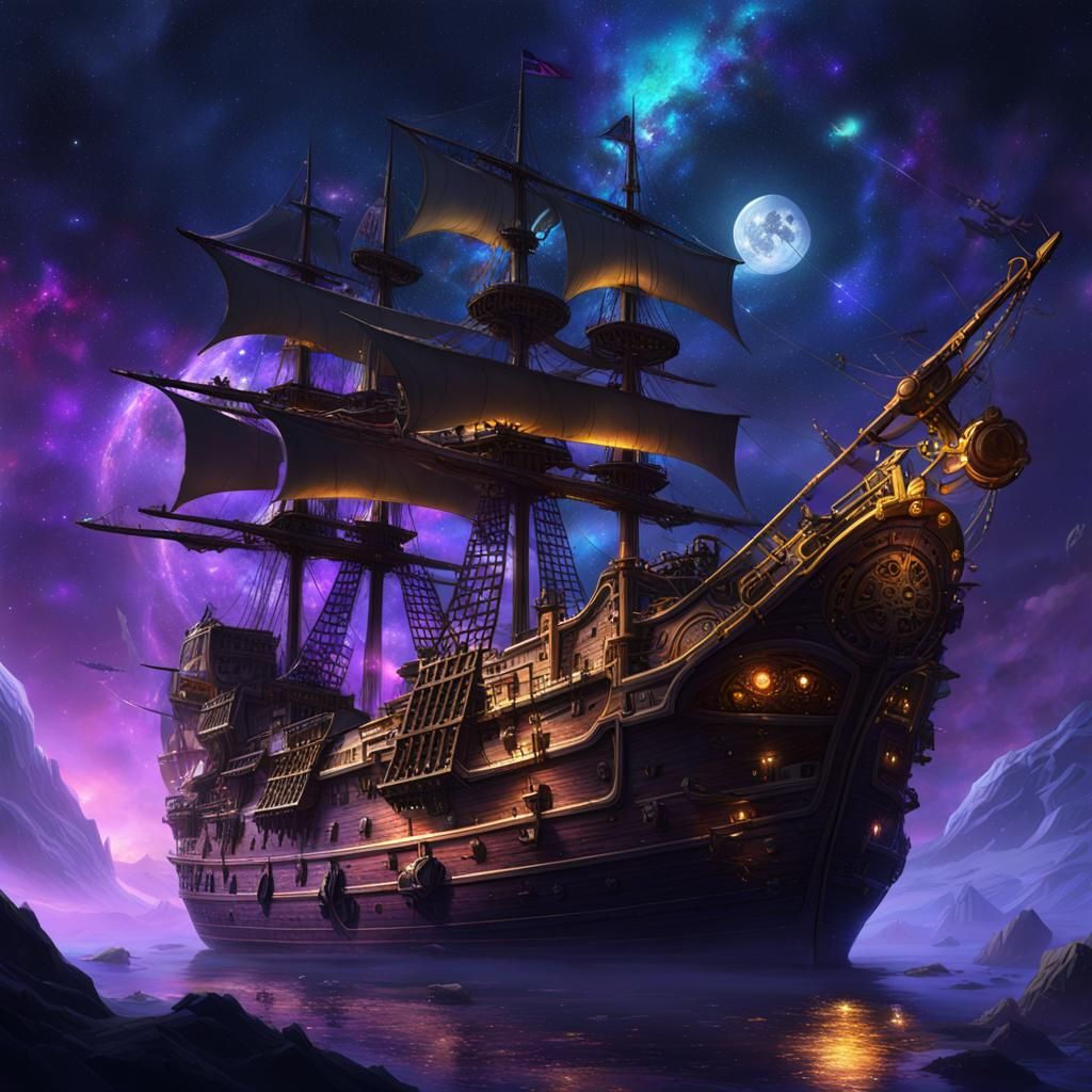 Pirate Ship Sails Nebula in Dark Fantasy Style