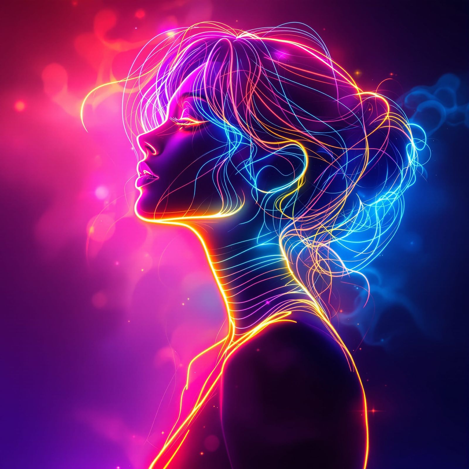 Neon Gradient Woman Silhouette in Cyberpunk Style