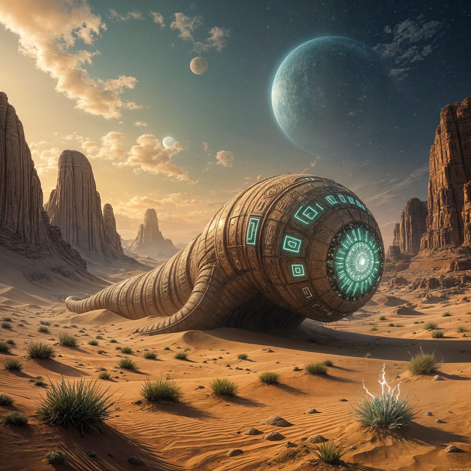 Bioluminescent Sandworm in Alien Desert Landscape