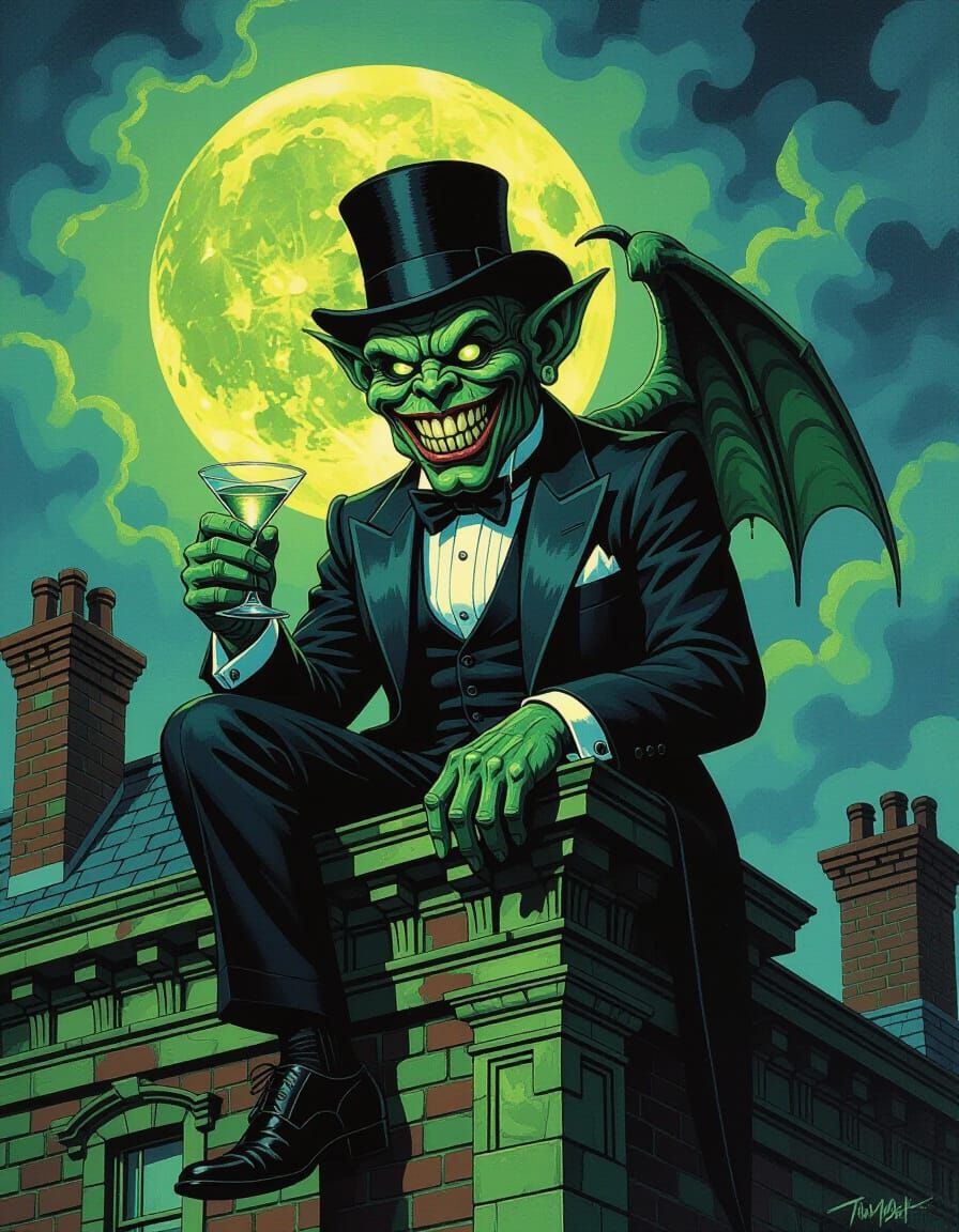 Grotesque Gargoyle in Tuxedo at Victorian Mansion