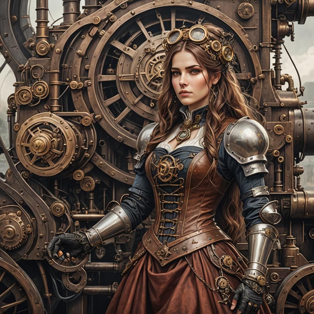 Medieval Woman with Steampunk Engine