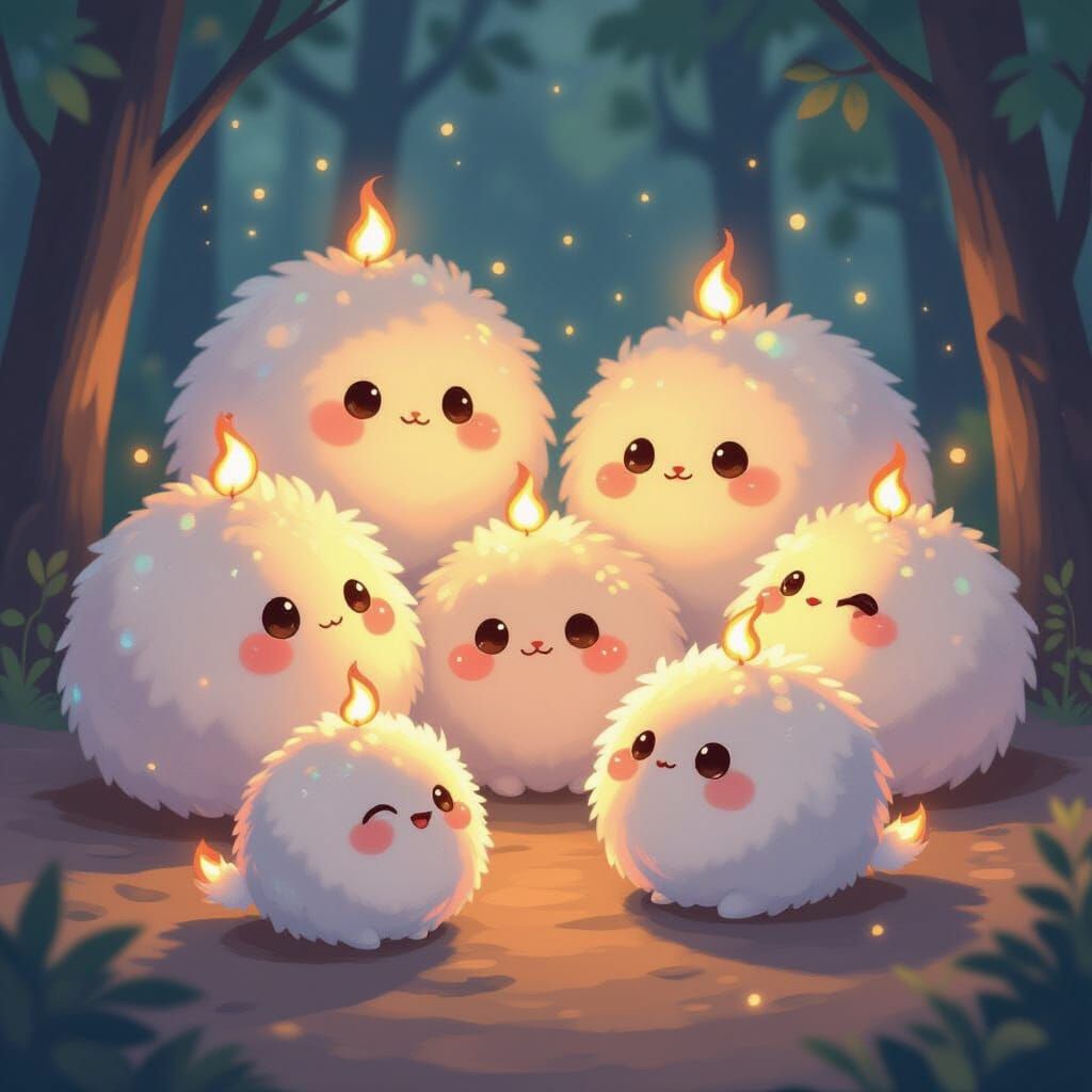 Glowing Orbs with Flame Tails in Whimsical Style