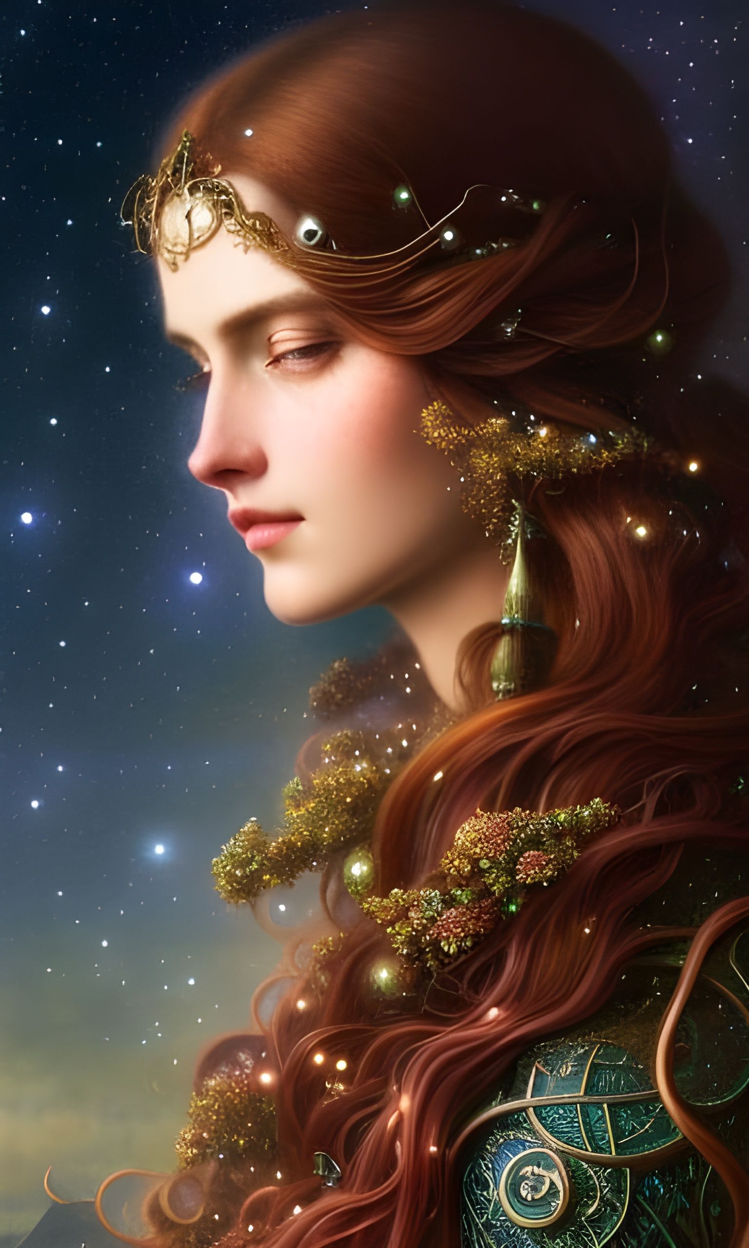 Freckled Girl with Braids and Cosmic Sky Background