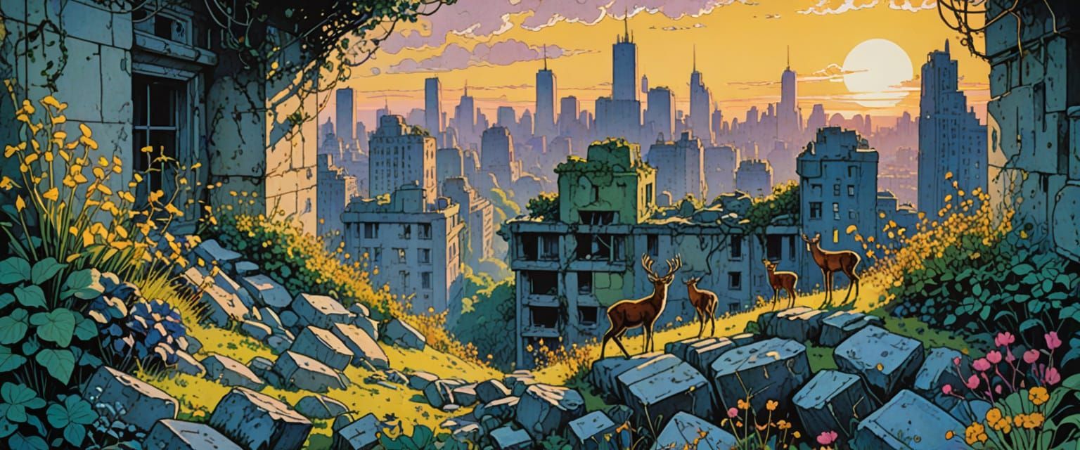 Post-Apocalyptic City Ruins with Deer in Watercolor Style