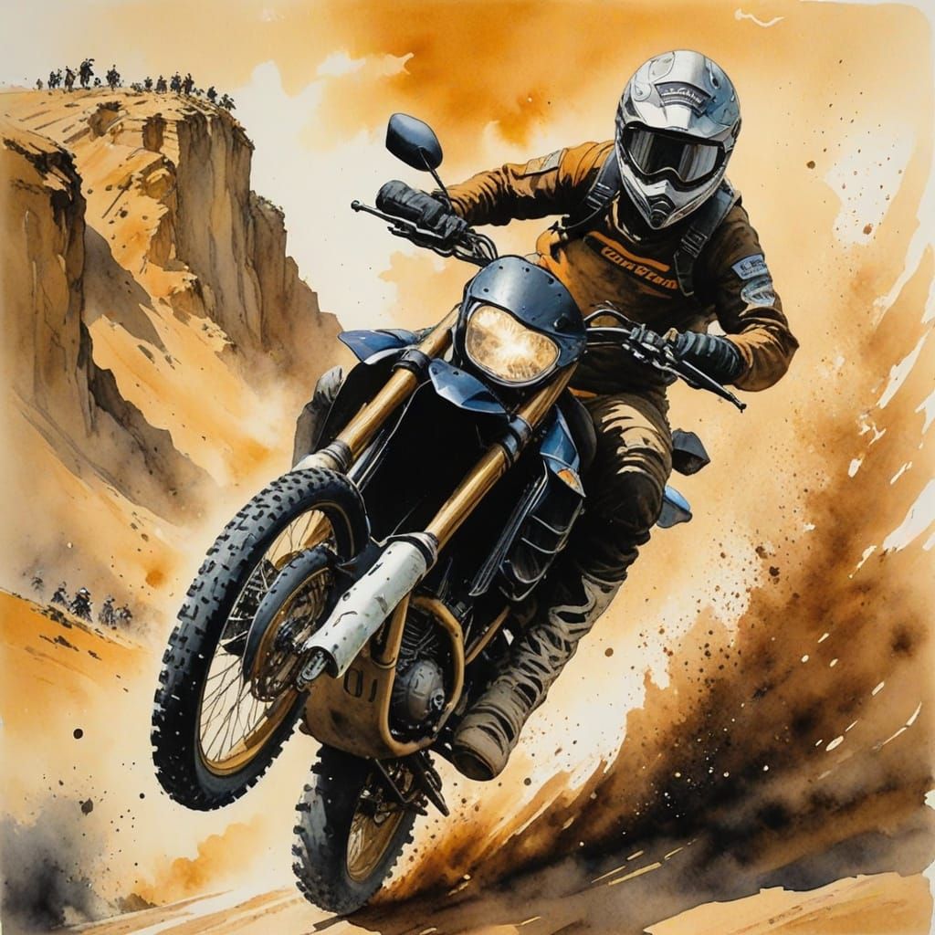 Motorcyclist Mid-Air Jump Over Grand Canyon in Watercolor St...