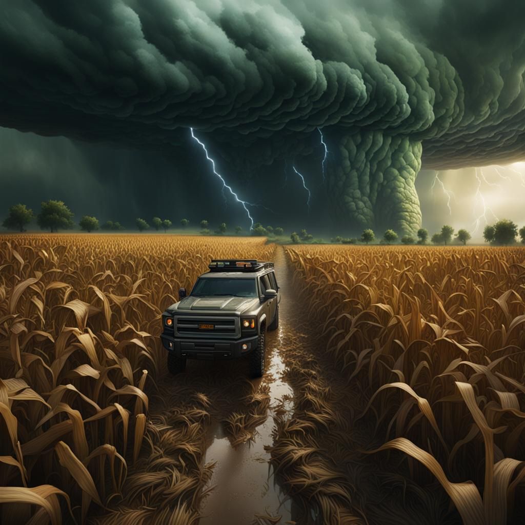 Storm Chasers in Cornfield: Detailed Matte Painting