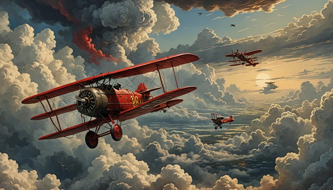 Biplane in Clouds: Doré-Inspired Aviation Art