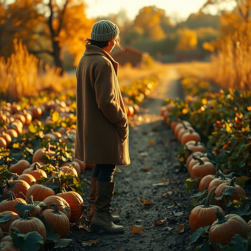 A rustic autumn scene, complete with falling leaves and a pu...